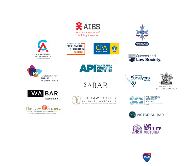 A basic outline of Australia with logos of Associations with schemes. Logos are: Australian Computer Society, Australian Institute of Building Surveyors, Australian Property Institute Valuers, Bar Association of Queensland, Chartered Accountants Australia and New Zealand, Certified Practising Accountant Australia Limited, Association of Consulting Surveyors National, Institute of Public Accountants, Law Institute of Victoria, The Law Society of New South Wales, The Law Society of South Australia, The Law Society of Western Australia, New South Wales Bar Association, Queensland Law Society, Royal Institution of Chartered Surveyors, South Australian Bar Association, Strata Community Association (NSW), Victorian Bar Association, Western Australian Bar Association